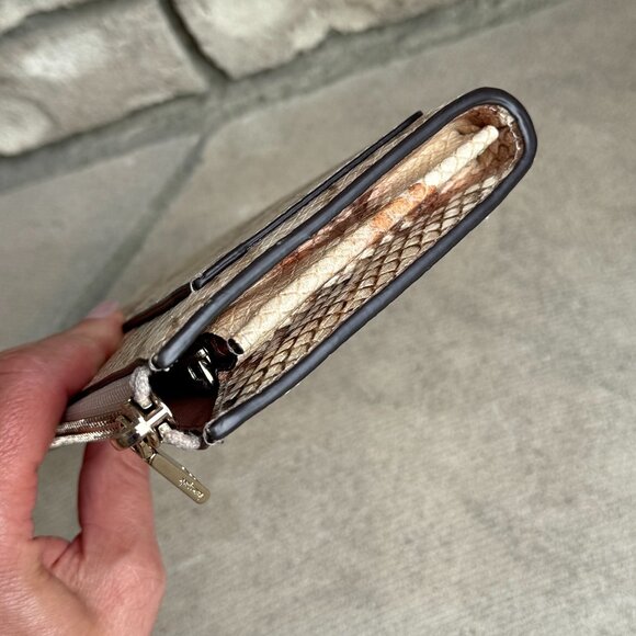 KATE SPADE LONG ZIP AROUND SNAKE EMBOSSED WALLET CLUTCH Beige Tan Leather - Picture 8 of 13